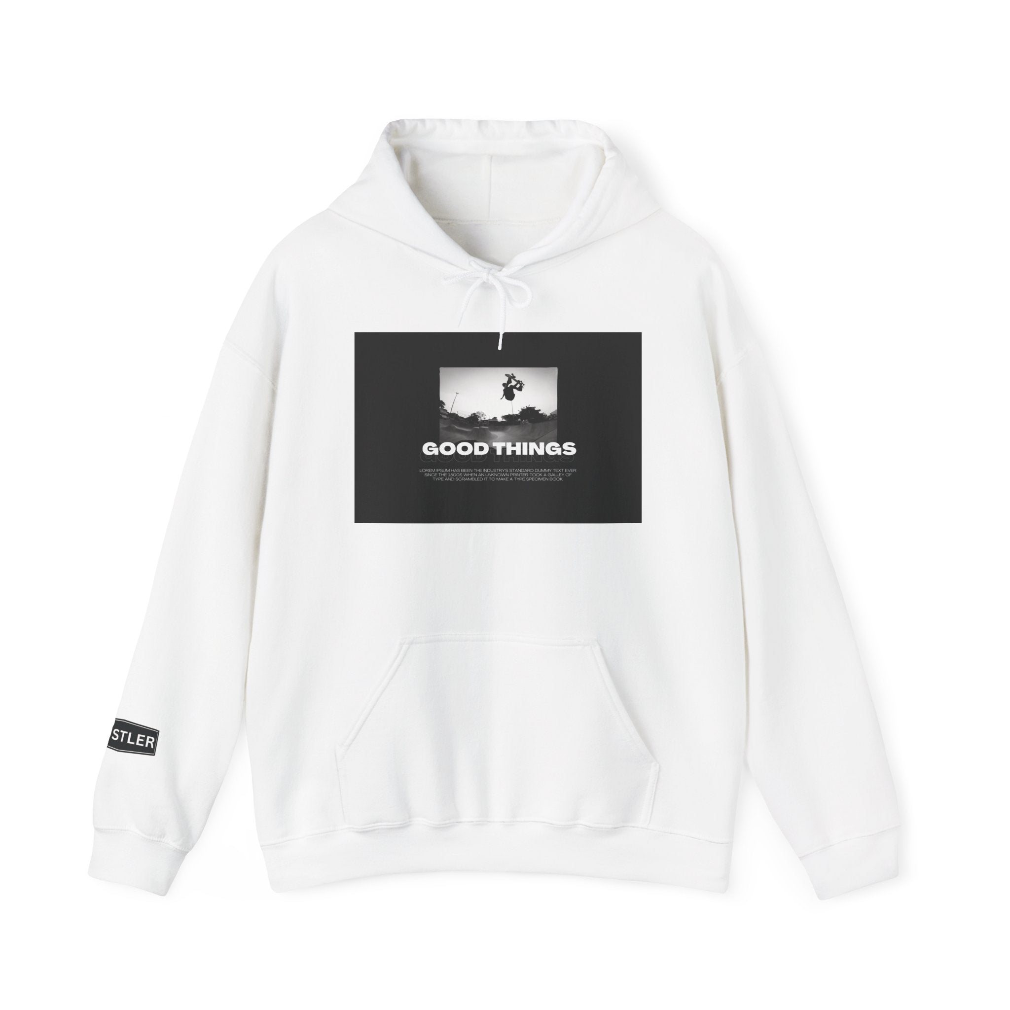 Good Things / Reality Graphic Hoodie — Minimalist Black & White Streetwear